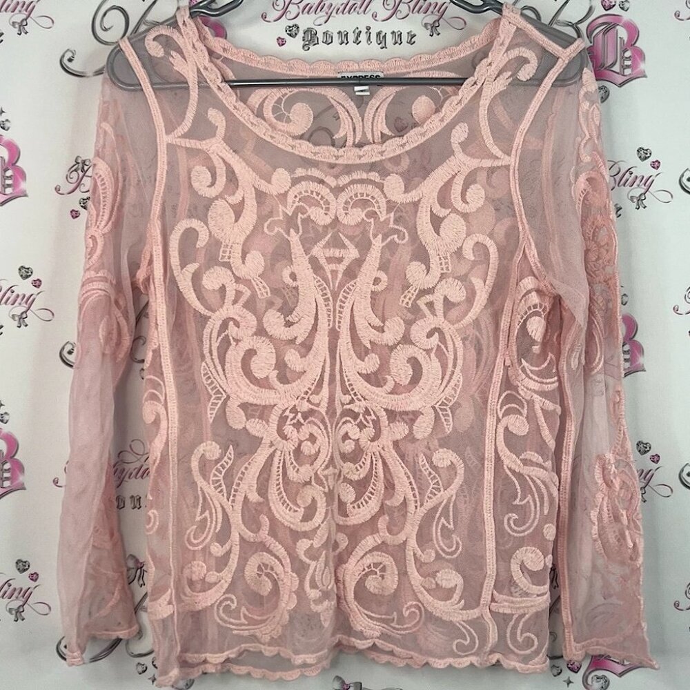 Express long sleeve mesh intricate pattern embroidery Pink Sheer Lace Blouse